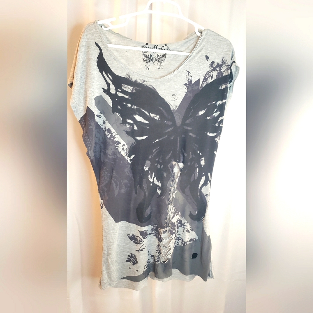 Buffalo David Bitton, women's size Medium, long t-shirt, grey and black.